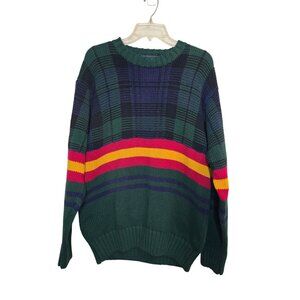 Vintage 90s‎ Tommy Hilfiger Medium Plaid Sweater With Stripes Green/Navy